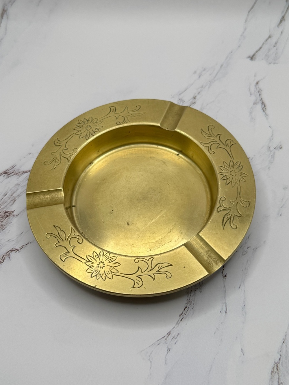 Vintage floral etched brass ashtray with three rest catchall